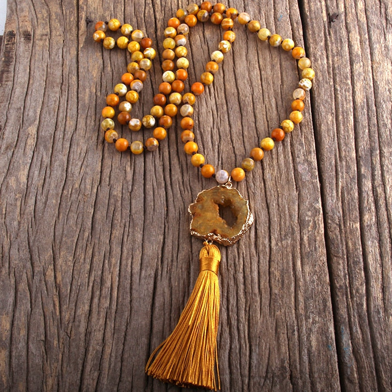 Bohemian Semi Precious Stones Knotted  Tassel Necklaces