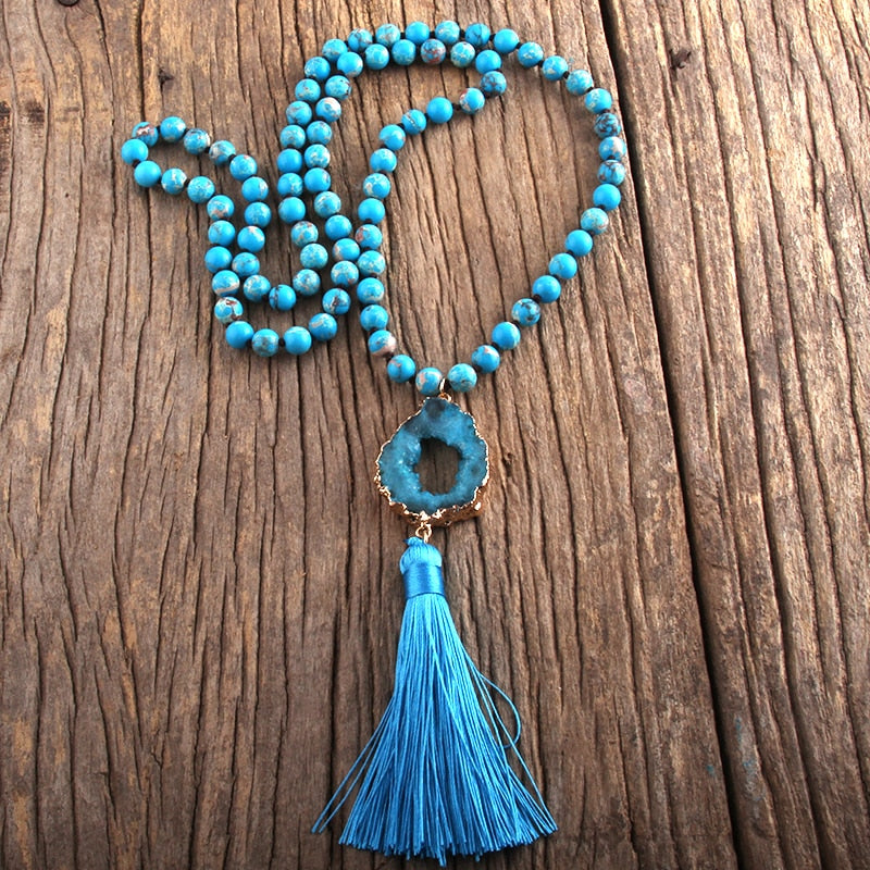 Bohemian Semi Precious Stones Knotted  Tassel Necklaces