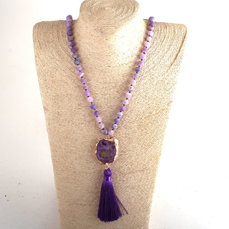 Bohemian Semi Precious Stones Knotted  Tassel Necklaces