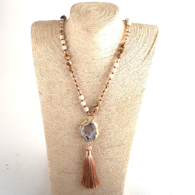 Bohemian Semi Precious Stones Knotted  Tassel Necklaces