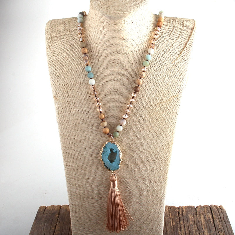 Bohemian Semi Precious Stones Knotted  Tassel Necklaces