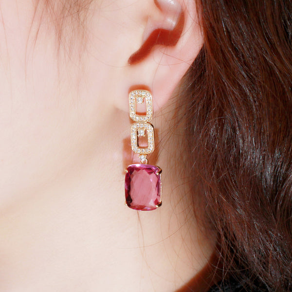 Rose Red Crystal Topaz Long Multiple Rectangle Link Drop Gold Color Dangle Earrings
