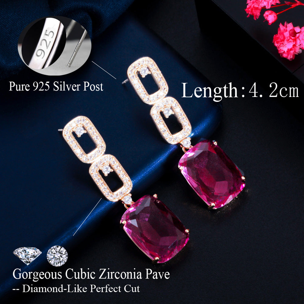 Rose Red Crystal Topaz Long Multiple Rectangle Link Drop Gold Color Dangle Earrings