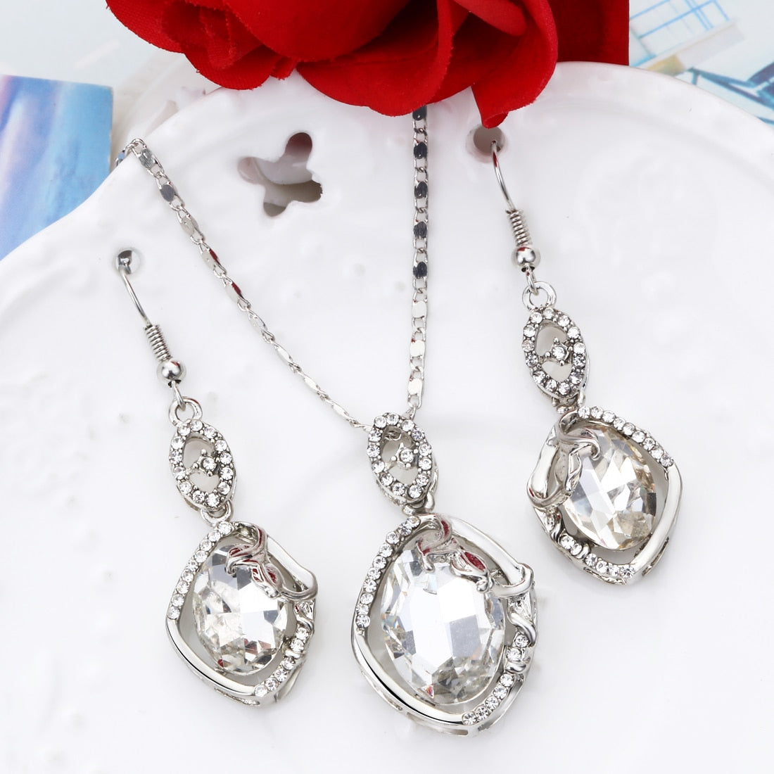 Natural Stone Cubic Zirconia Crystal  Bridal Jewelry Sets