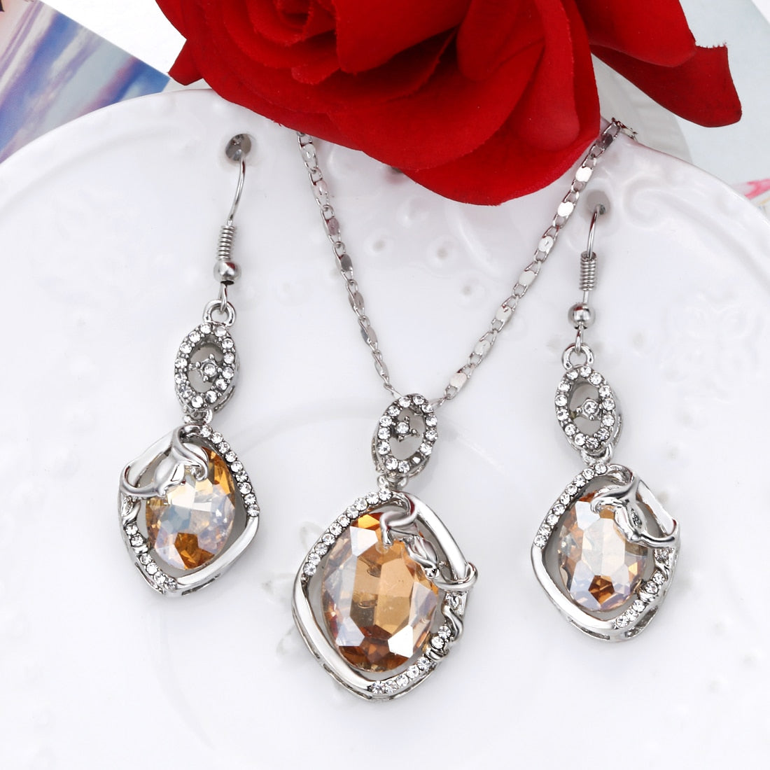 Natural Stone Cubic Zirconia Crystal  Bridal Jewelry Sets