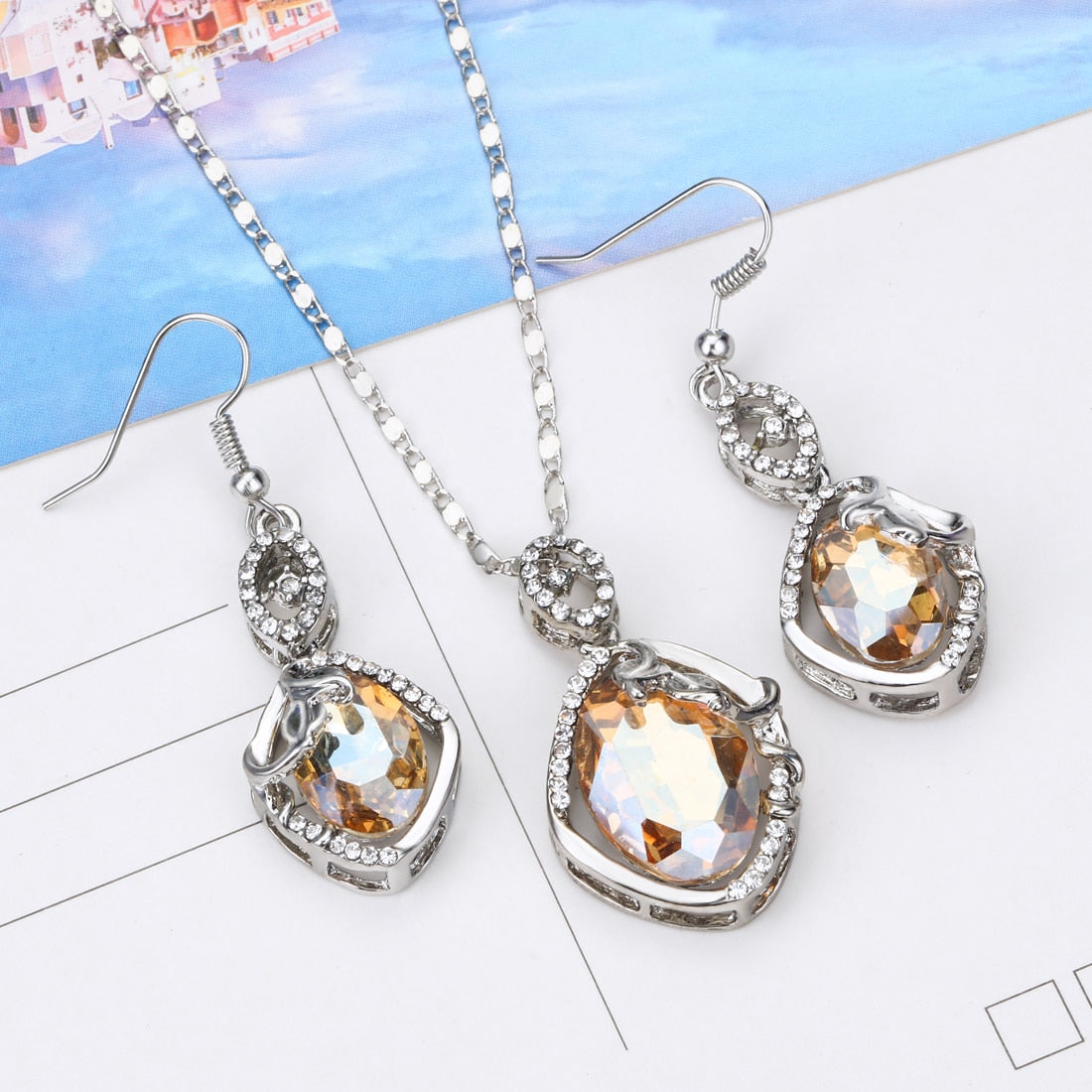 Natural Stone Cubic Zirconia Crystal  Bridal Jewelry Sets