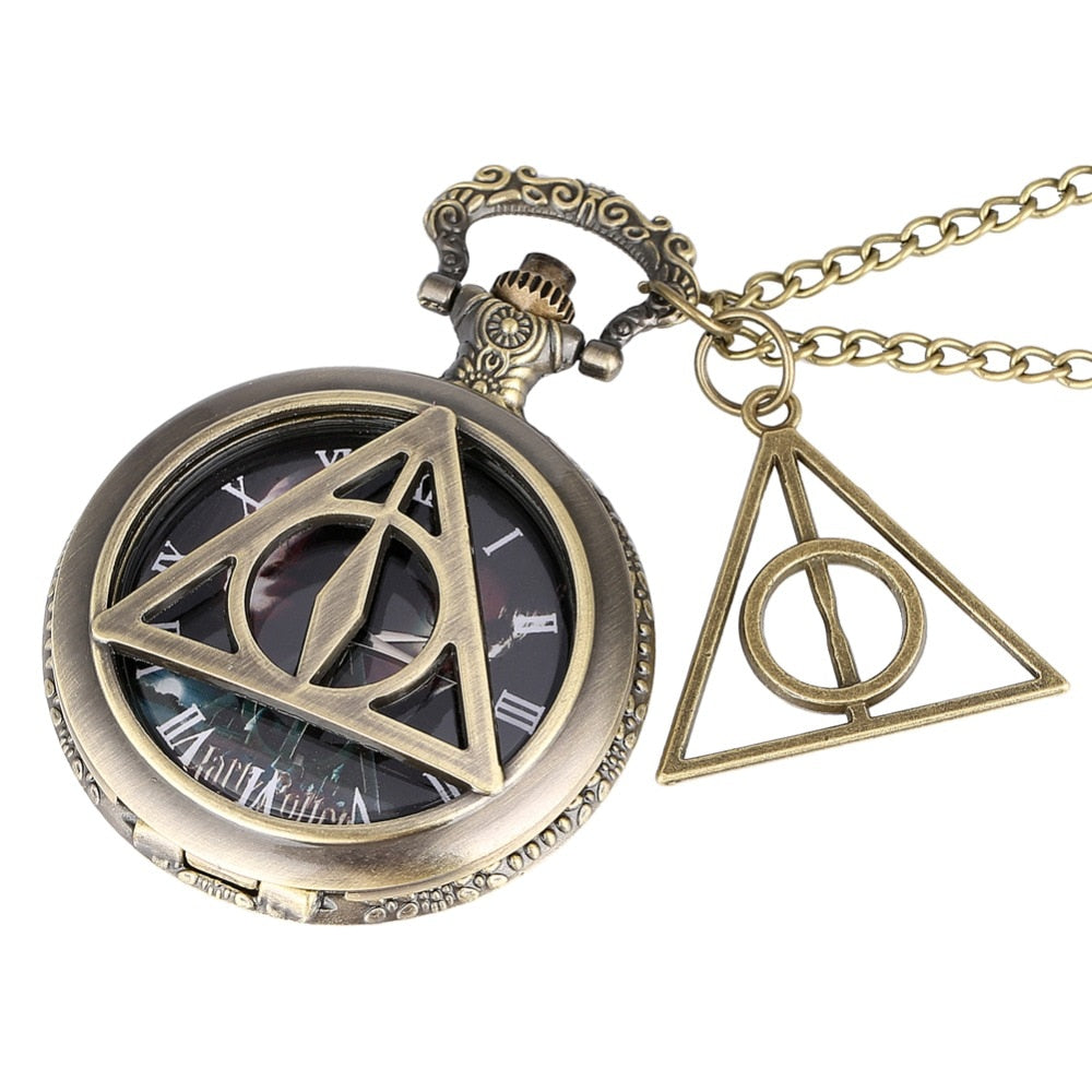 Retro Triangle Hollow Deathly Hallows Quartz Pocket Watch