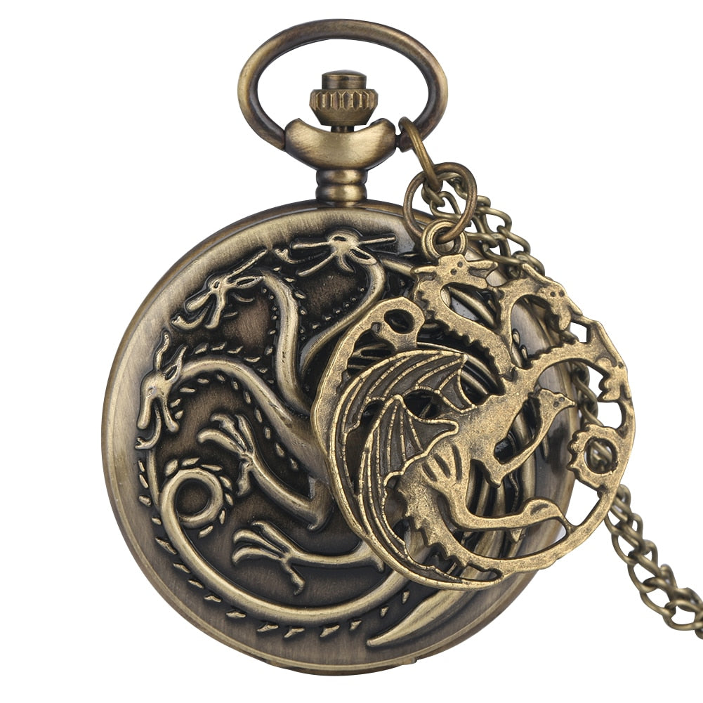 Retro Bronze Three-headed Dragon Monster Pendant Quartz Pocket Watch