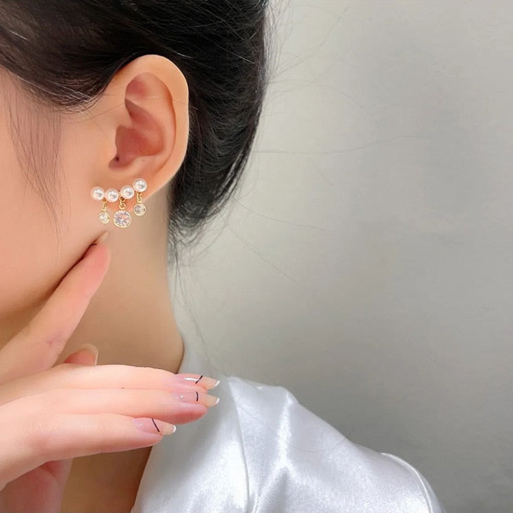 Fashion Zircon Tassel Pearl Ear Cuff Earrings For Women