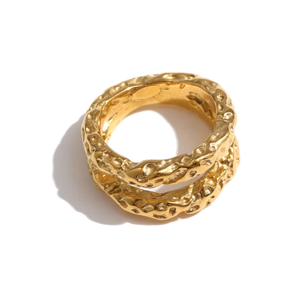 Anillos redondos de acero inoxidable para mujer, color dorado, textura metálica de 18 quilates, anillo llamativo
