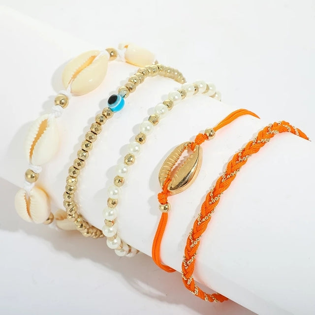Boho Handmade Shell Seed Beads Anklet Set for Women