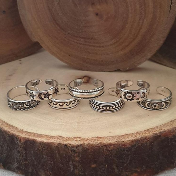 Kit de 7 anillos para dedos del pie con diseño retro de estrella y luna hueca tallada