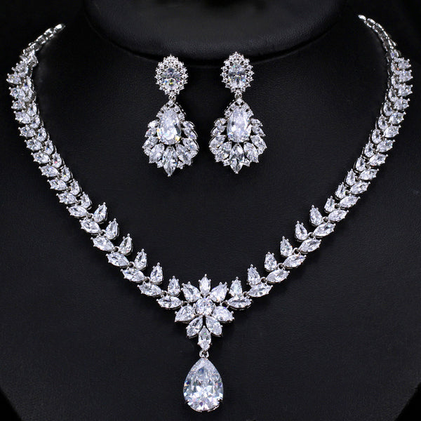Water Drop Big Earrings Necklace Sparkling Cubic Zirconia Wedding Jewelry Set