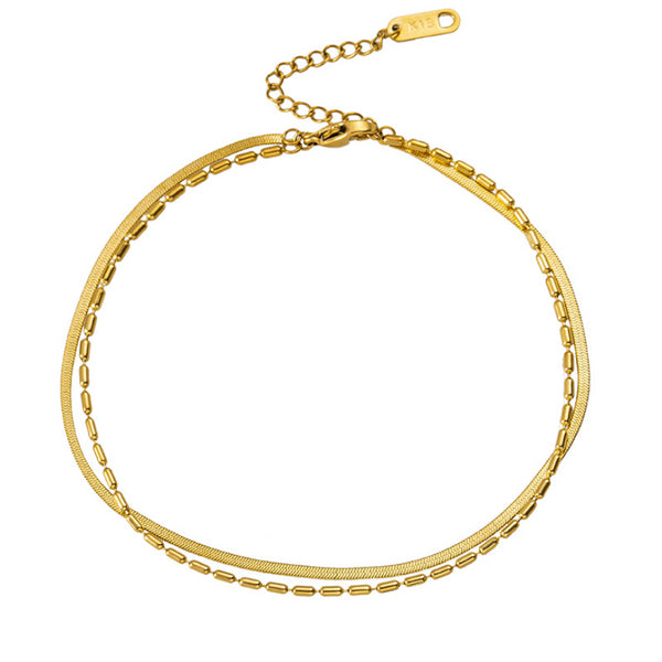 Gargantilla de cuentas de dos capas de color dorado con cadenas de hueso de serpiente y tobilleras