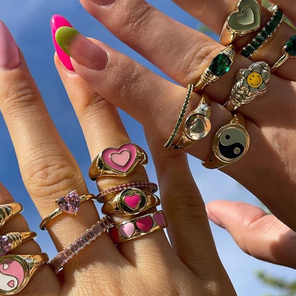 Colorful Heart Y2K Ring Set