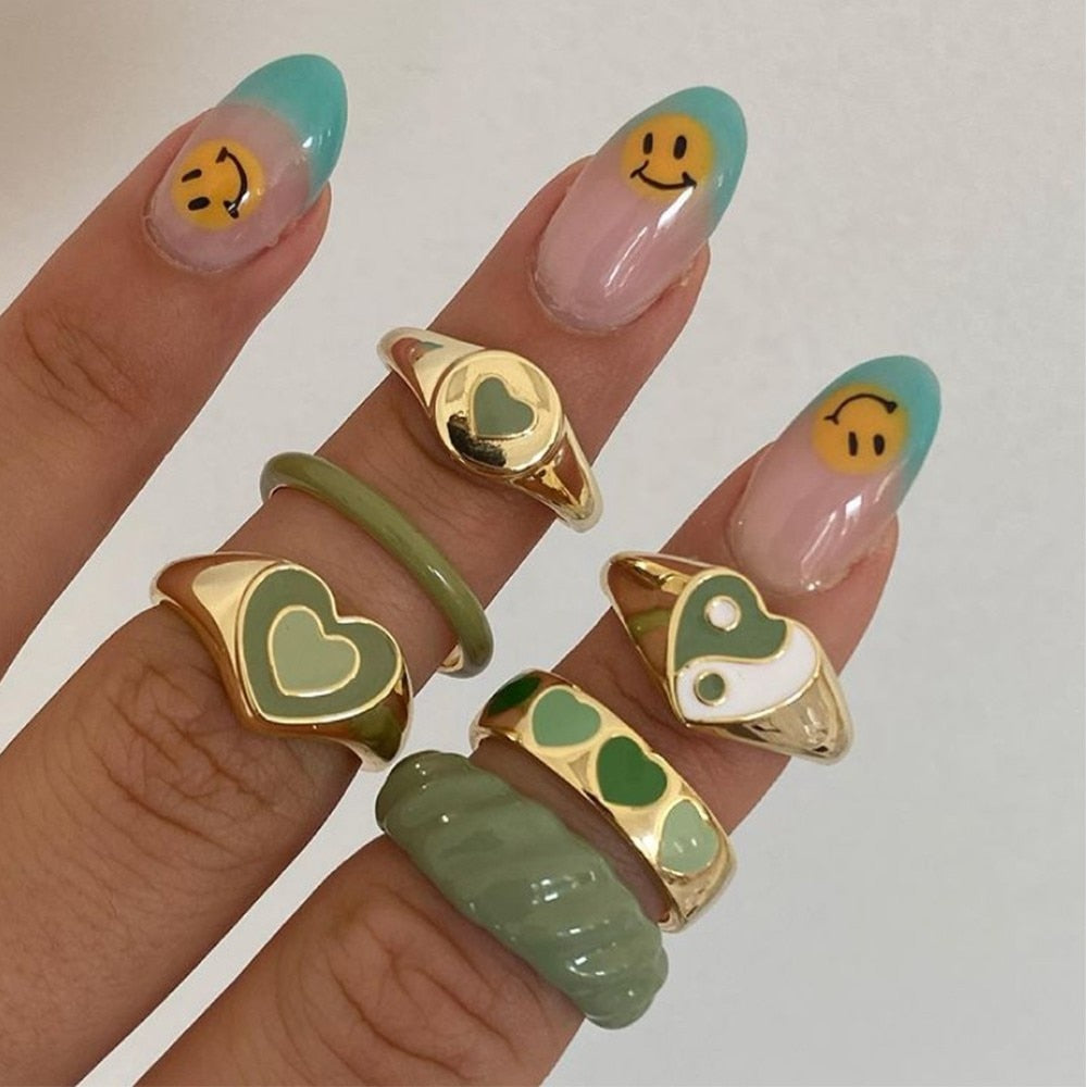 Colorful Heart Y2K Ring Set