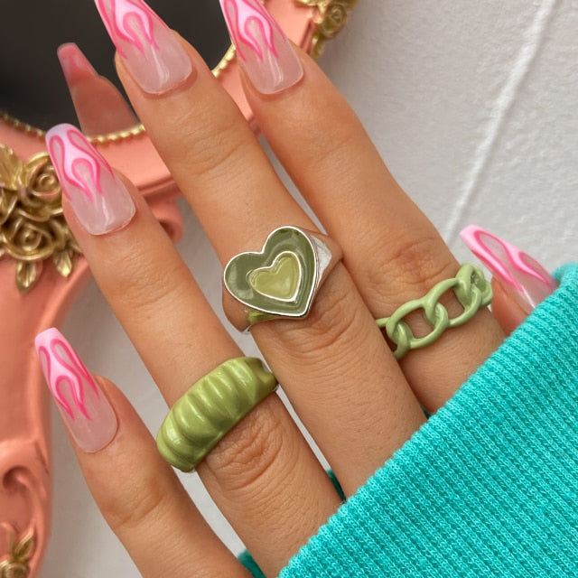 Colorful Heart Y2K Ring Set