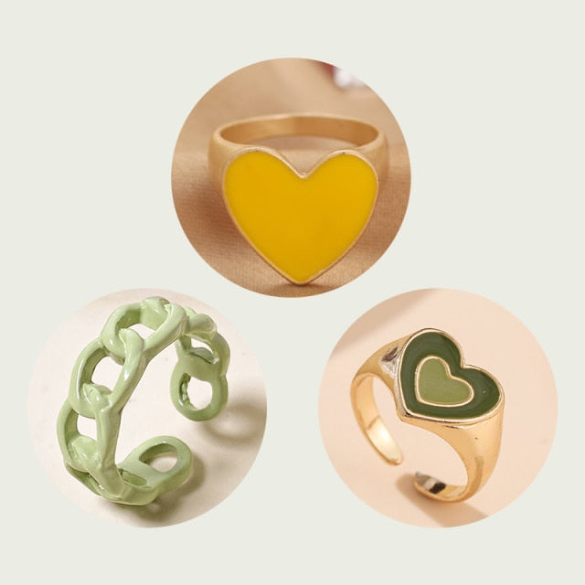 Colorful Heart Y2K Ring Set
