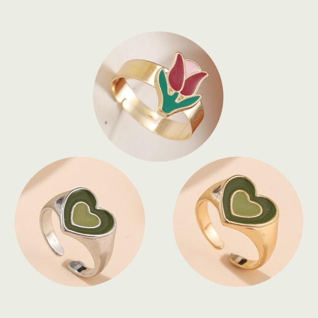Colorful Heart Y2K Ring Set