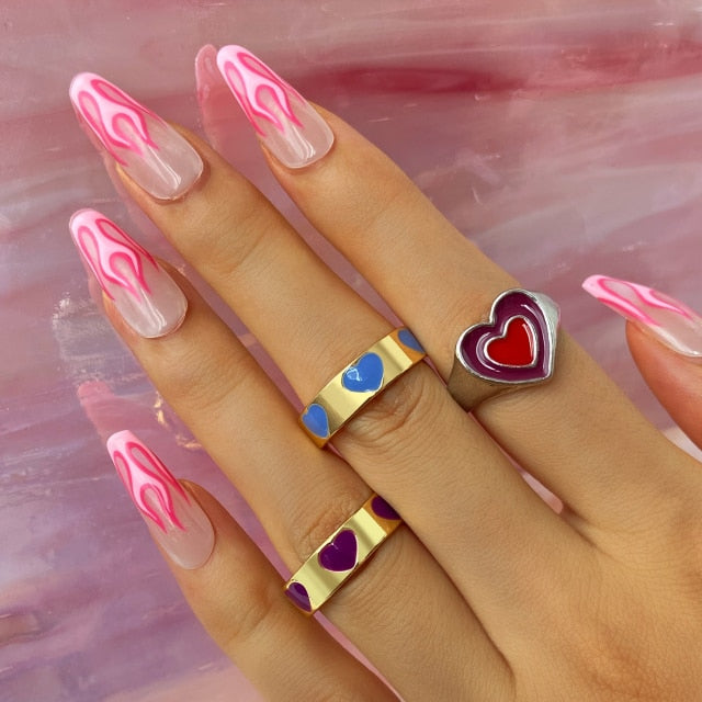 Colorful Heart Y2K Ring Set