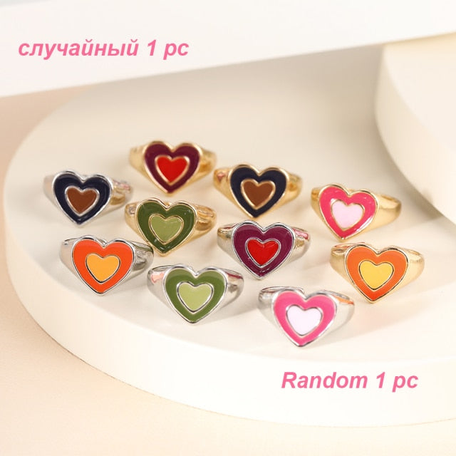 Colorful Heart Y2K Ring Set