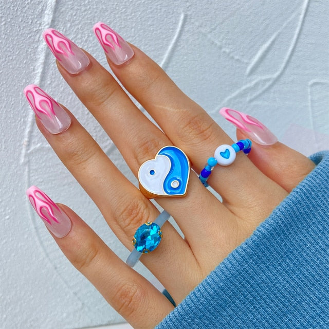 Colorful Heart Y2K Ring Set