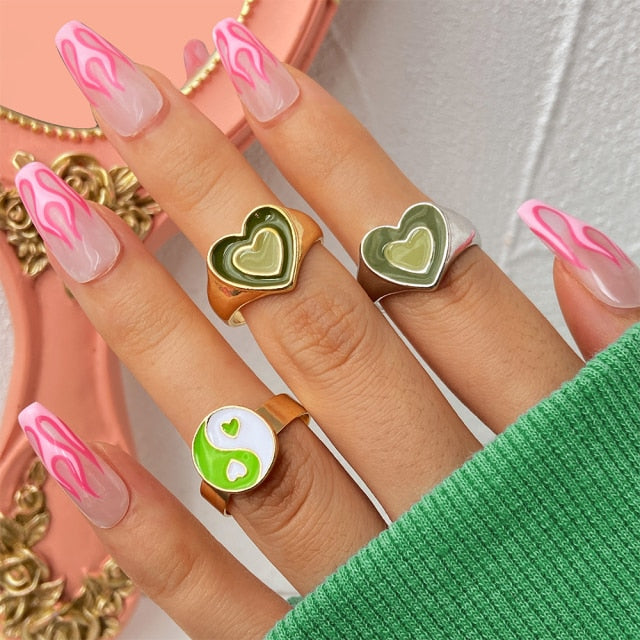 Colorful Heart Y2K Ring Set
