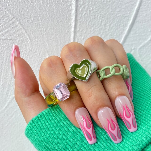 Colorful Heart Y2K Ring Set