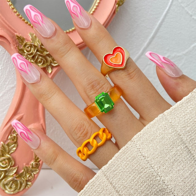 Colorful Heart Y2K Ring Set