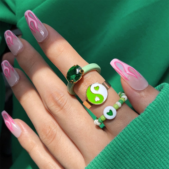 Colorful Heart Y2K Ring Set