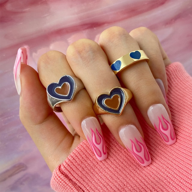 Colorful Heart Y2K Ring Set