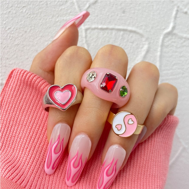 Colorful Heart Y2K Ring Set