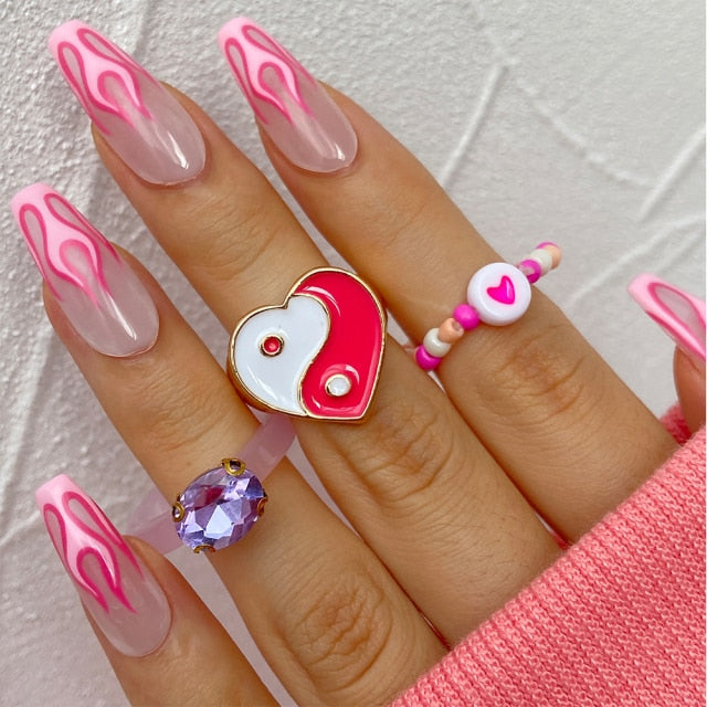 Colorful Heart Y2K Ring Set