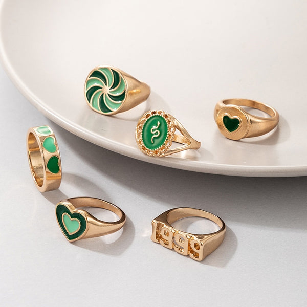 Anillos de aleación, 6 piezas, con forma de serpiente y corazón de amor, con forma de molino de viento y abanico