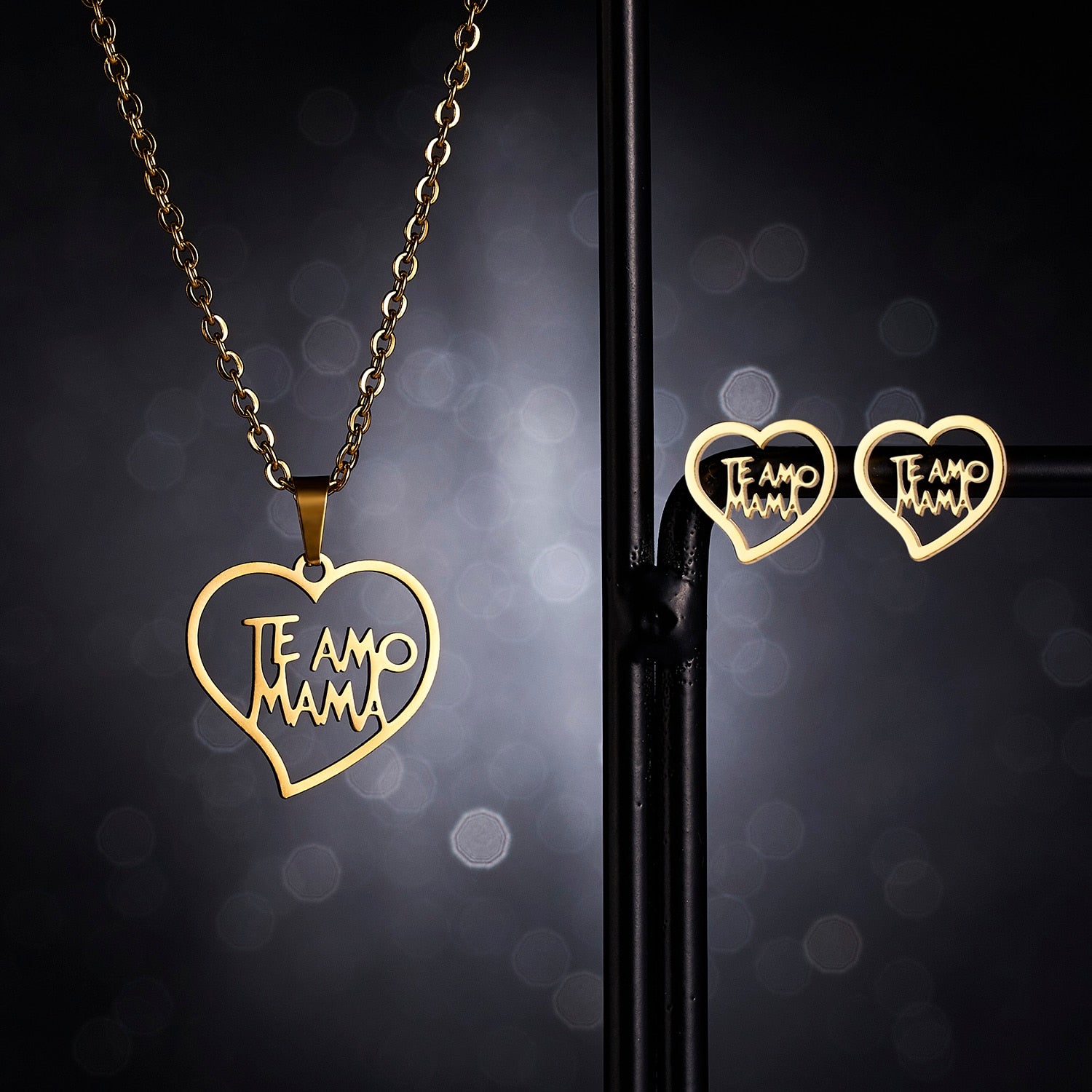 Love Heart Rose Flower Pendant Necklace Earrings Mom Jewelry Set