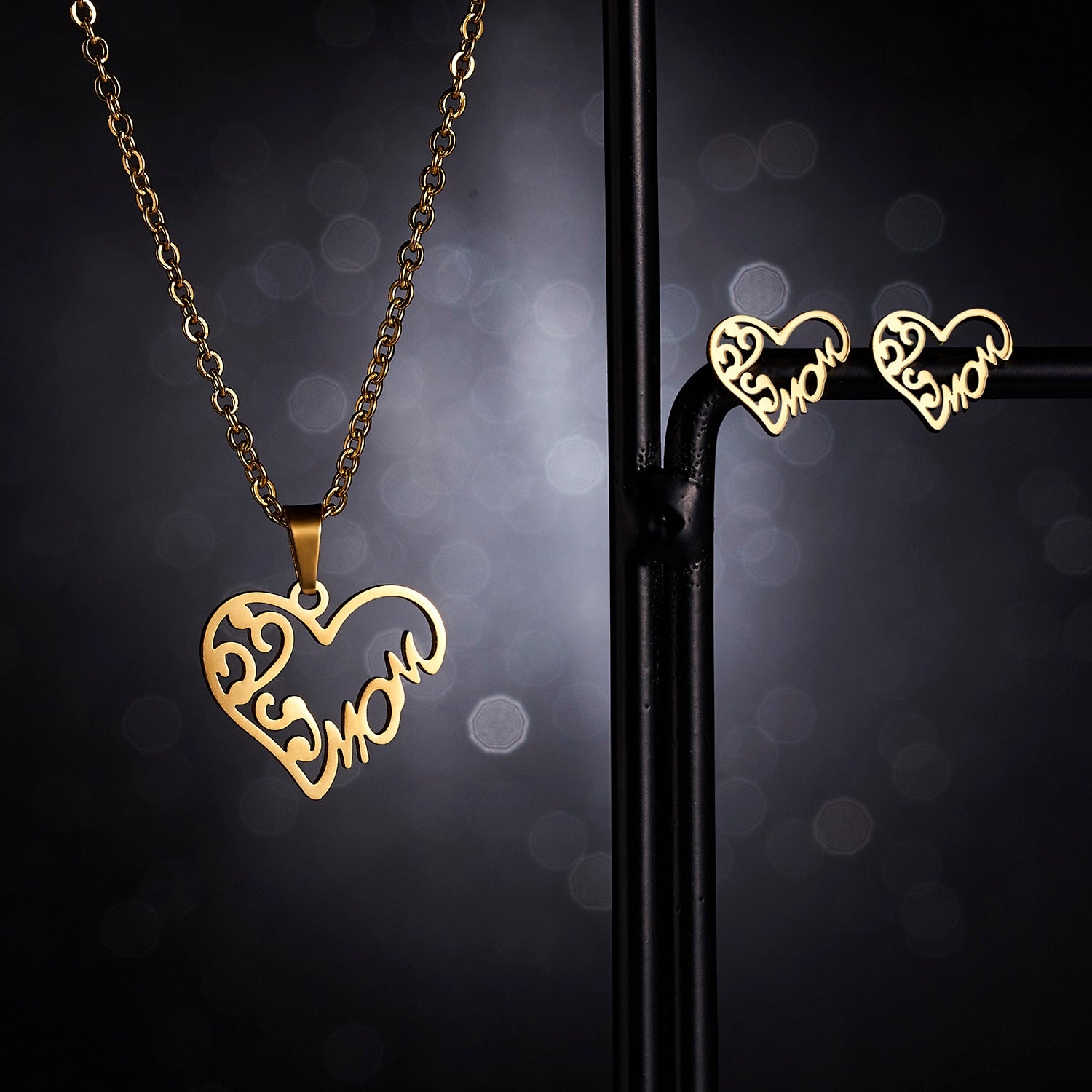 Love Heart Rose Flower Pendant Necklace Earrings Mom Jewelry Set