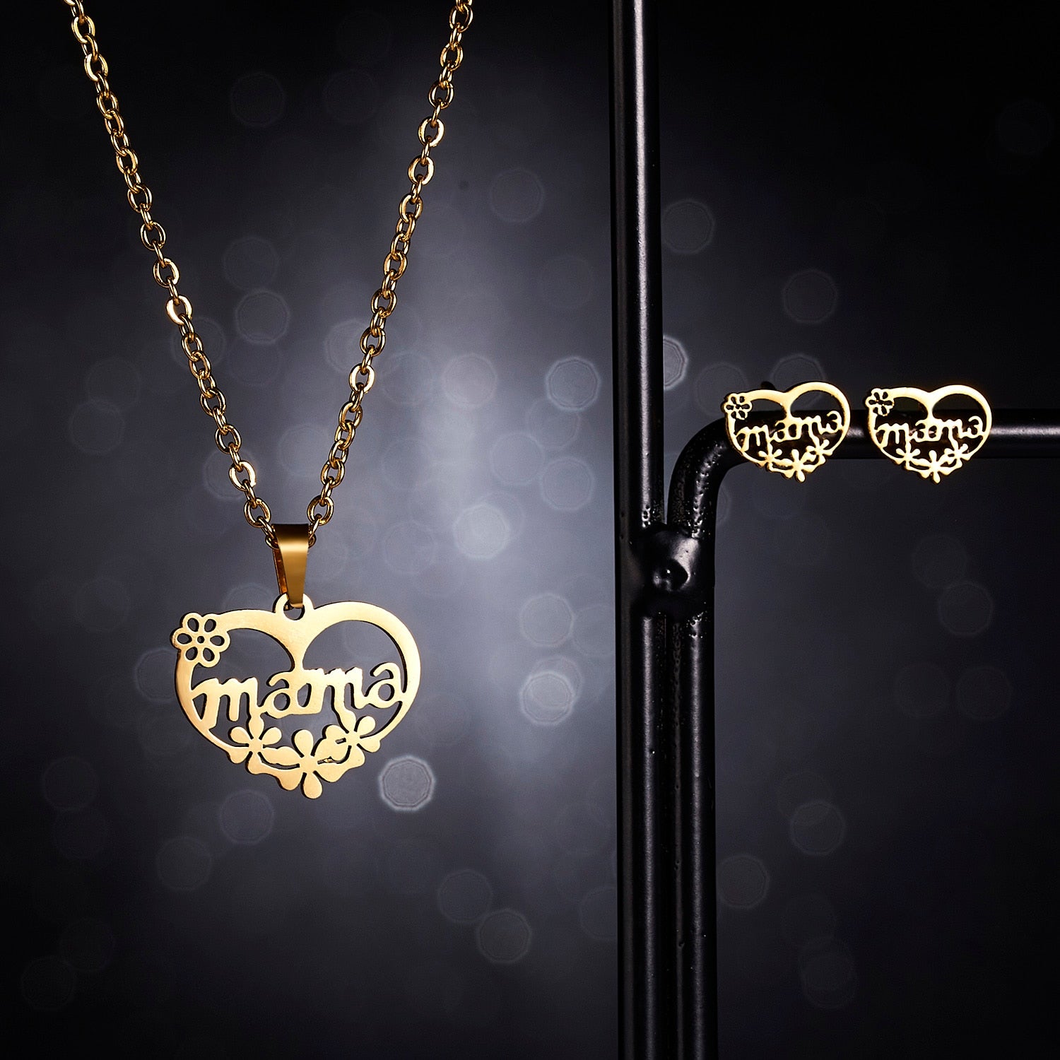 Love Heart Rose Flower Pendant Necklace Earrings Mom Jewelry Set