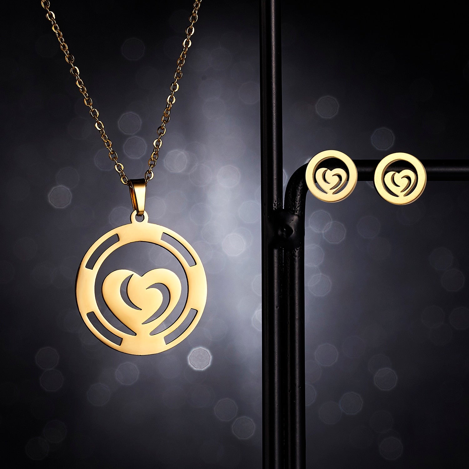 Love Heart Rose Flower Pendant Necklace Earrings Mom Jewelry Set