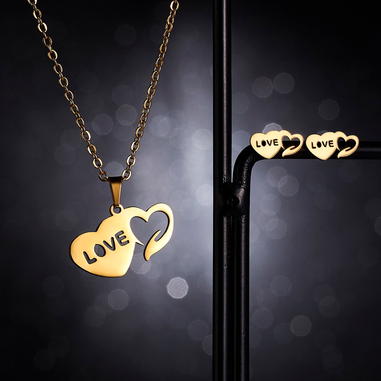 Love Heart Rose Flower Pendant Necklace Earrings Mom Jewelry Set