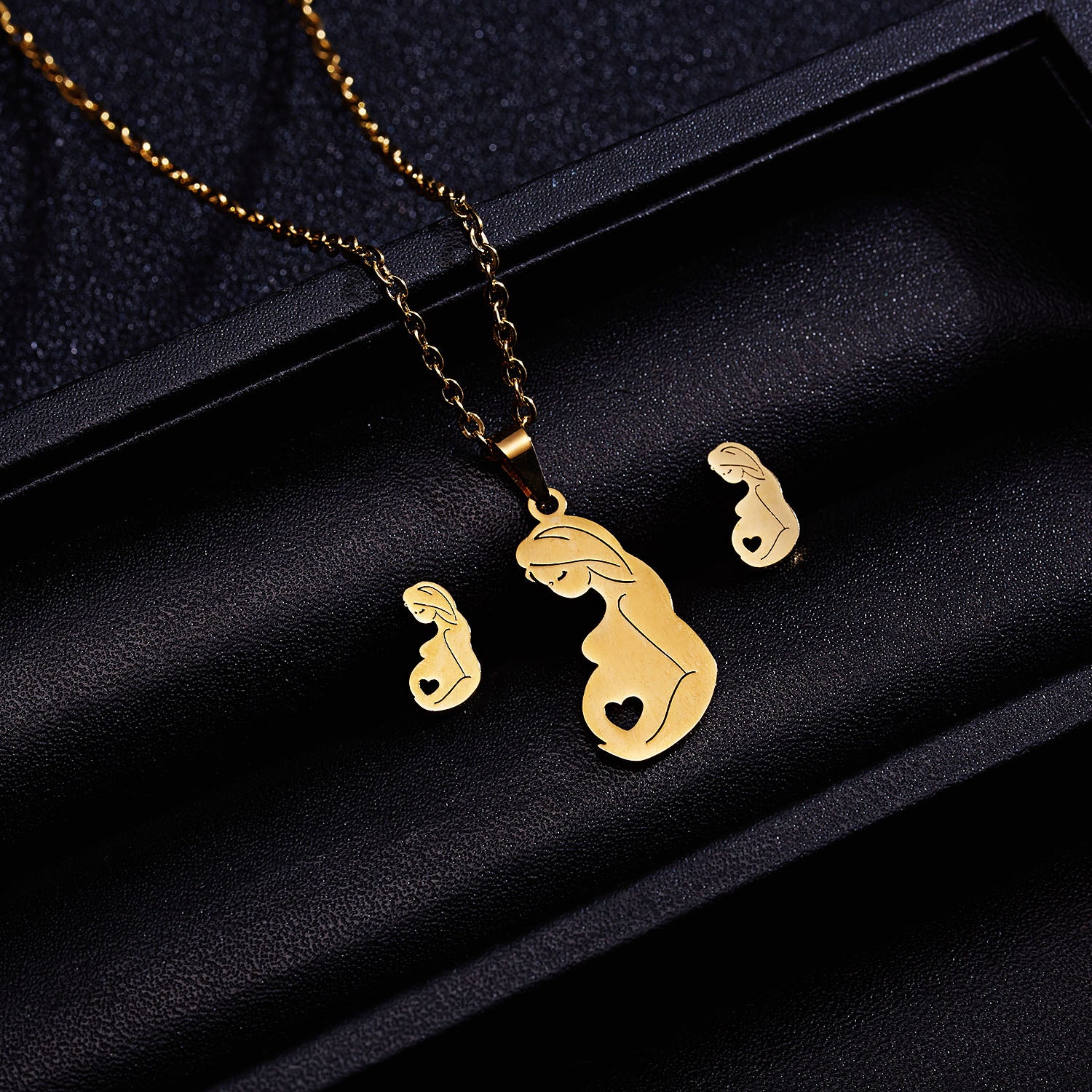 Love Heart Rose Flower Pendant Necklace Earrings Mom Jewelry Set