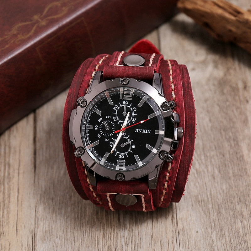 Fashion Blue Glass Punk Style Mens Watches Wide Leather Bracelets