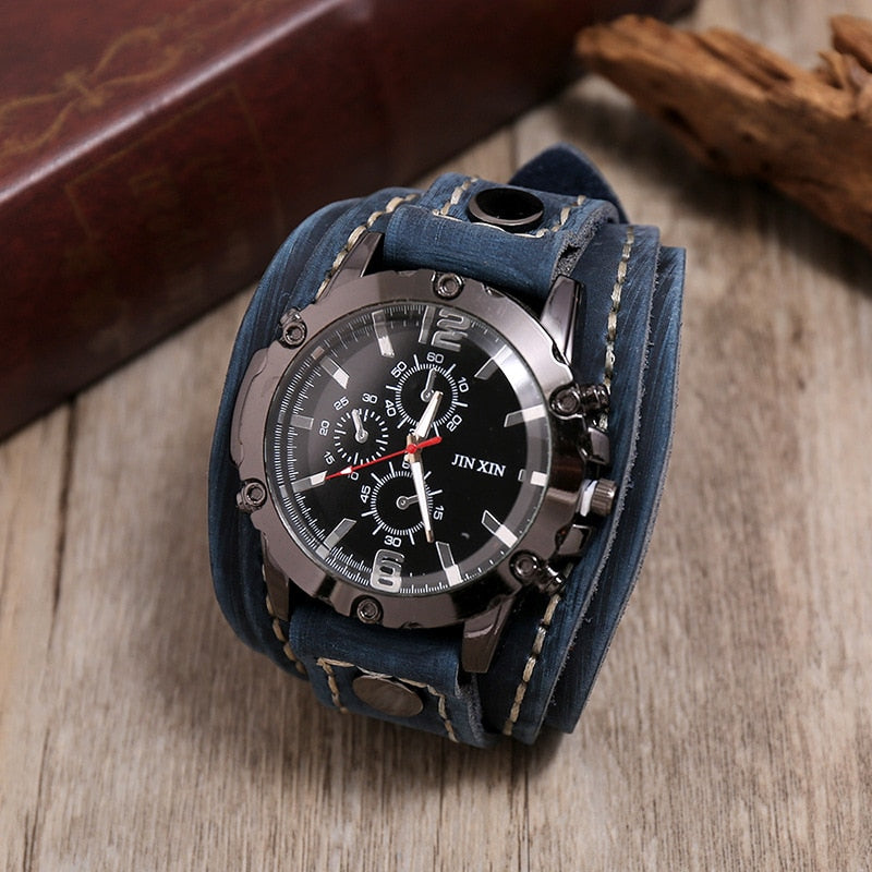 Fashion Blue Glass Punk Style Mens Watches Wide Leather Bracelets