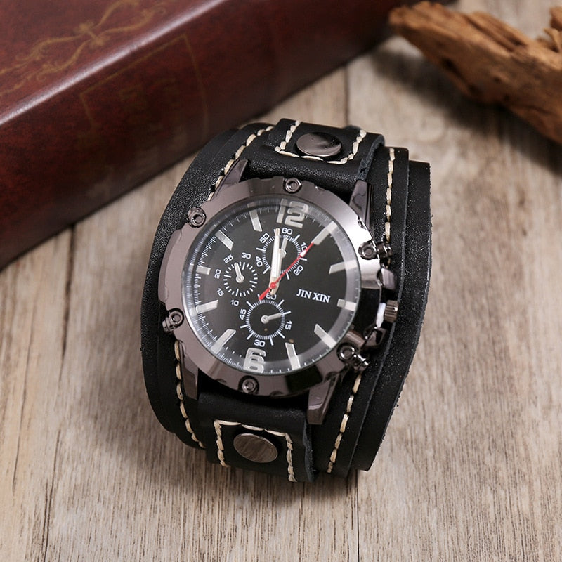 Fashion Blue Glass Punk Style Mens Watches Wide Leather Bracelets