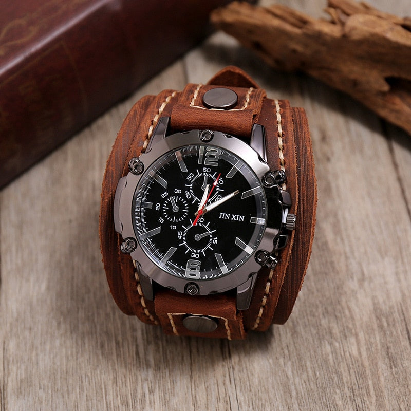 Fashion Blue Glass Punk Style Mens Watches Wide Leather Bracelets
