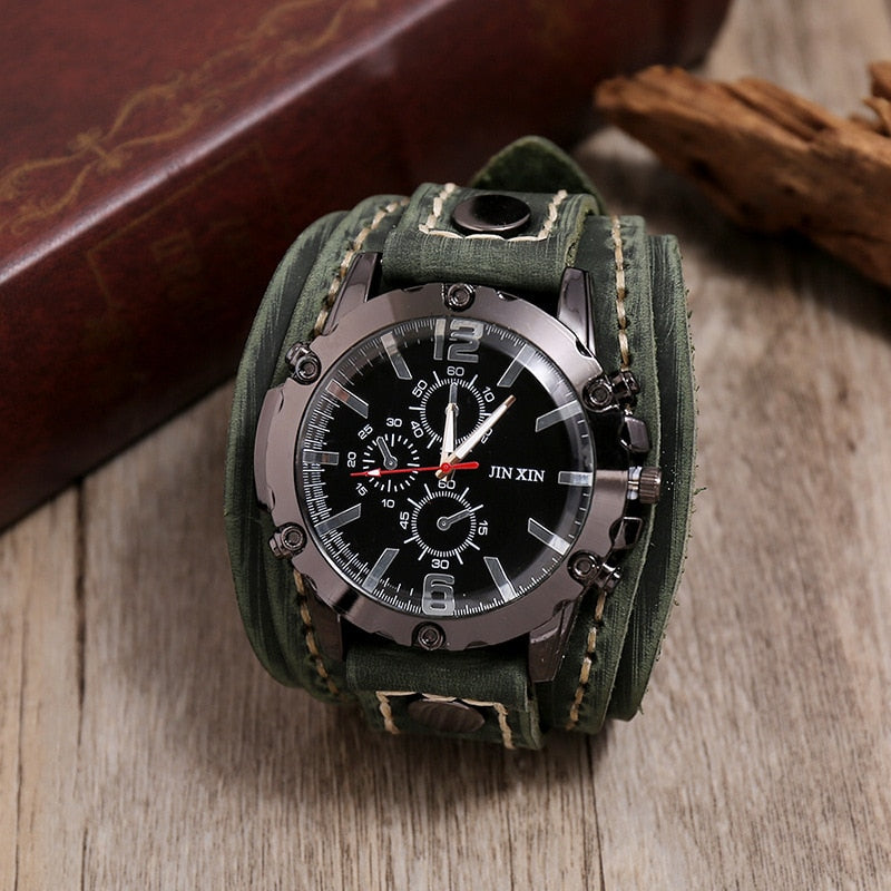 Fashion Blue Glass Punk Style Mens Watches Wide Leather Bracelets