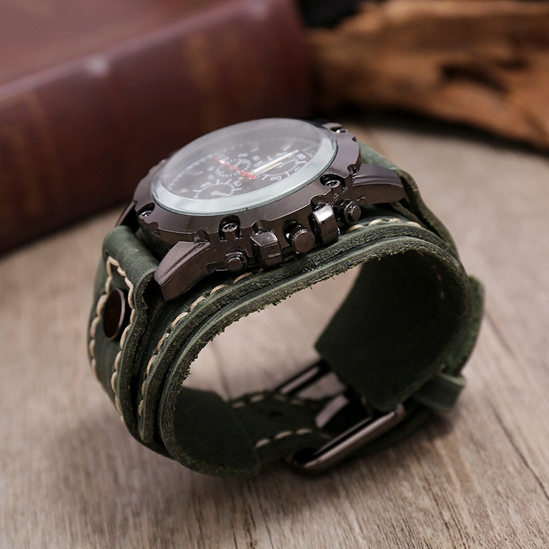 Fashion Blue Glass Punk Style Mens Watches Wide Leather Bracelets