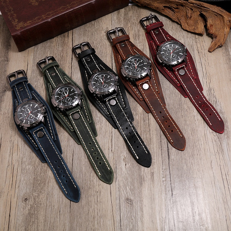Fashion Blue Glass Punk Style Mens Watches Wide Leather Bracelets