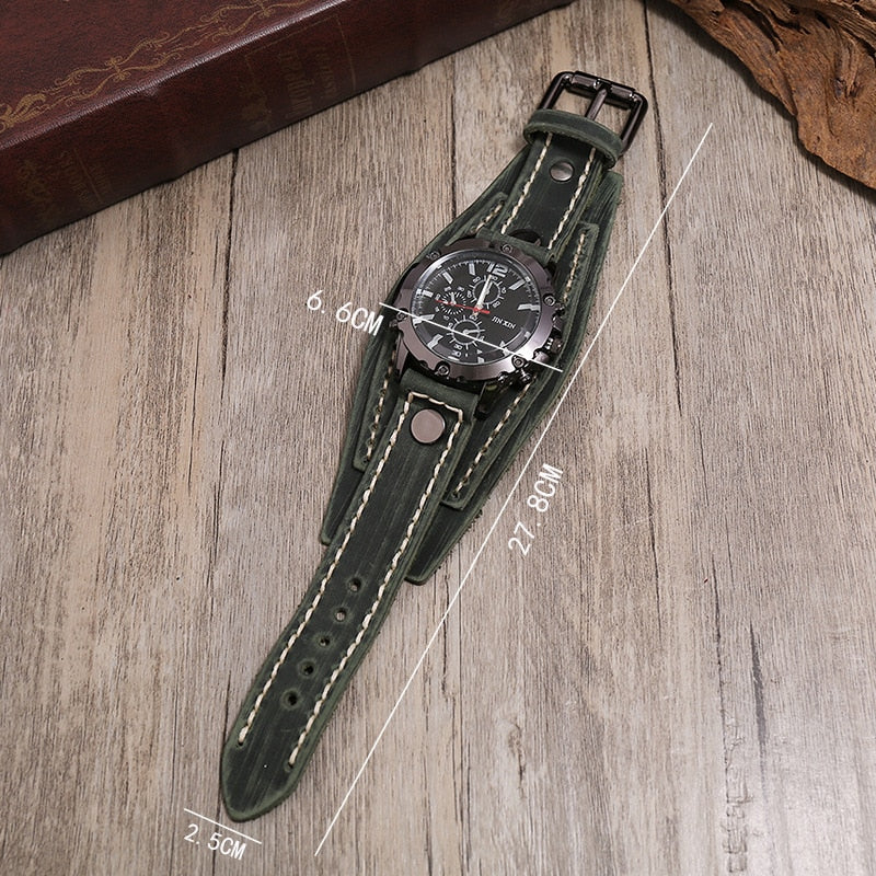 Fashion Blue Glass Punk Style Mens Watches Wide Leather Bracelets