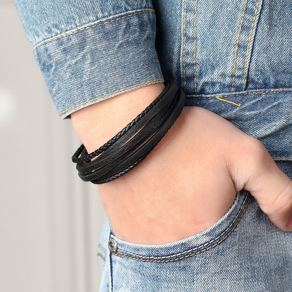 Pulsera de cuero genuino con cadena de acero inoxidable de moda