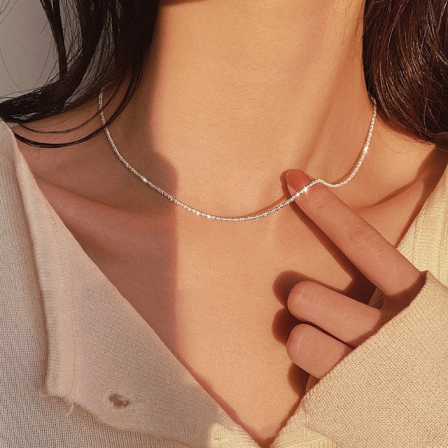 Popular Silver Colour Sparkling Clavicle Chain Choker Necklace